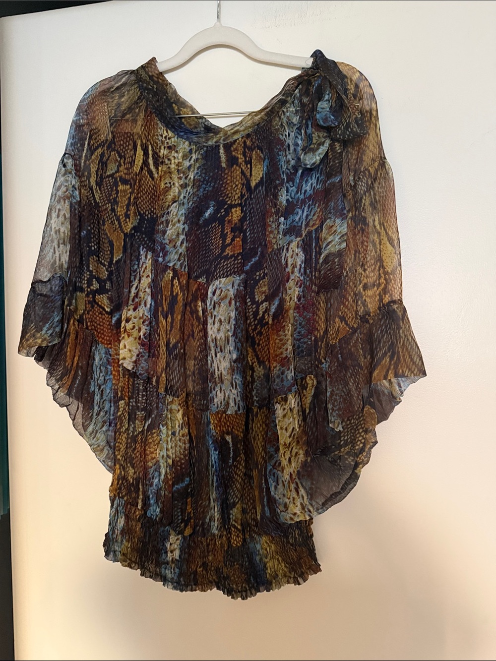 Casting Sheer Animal-Print Ruffle Silk Blouse - Blue Brown with navy liner top